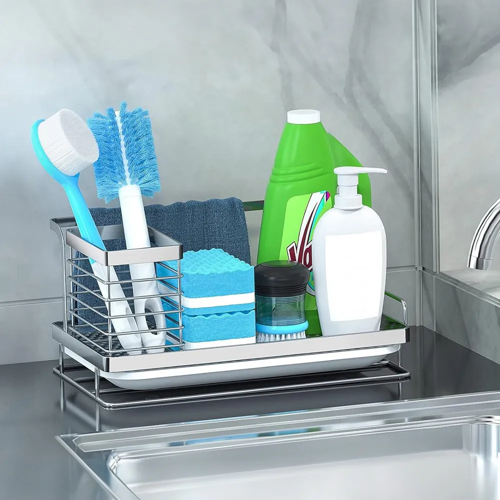 Stainless Steel Sink Organiser with Draining Tray - Silver