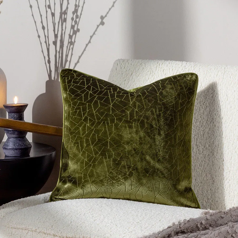 Malans Cut Velvet Piped Cushion - Olive Green