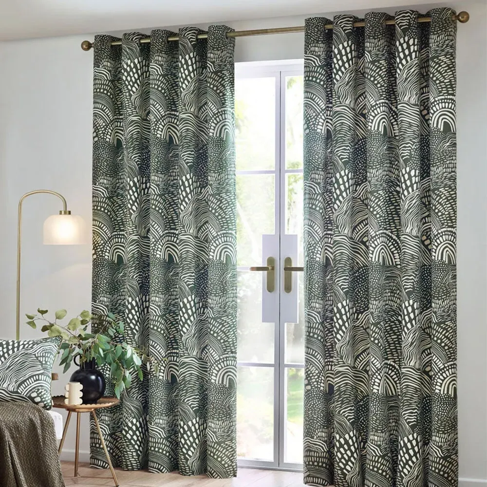 Nola Abstract Eyelet Curtains - Olive, Cotton