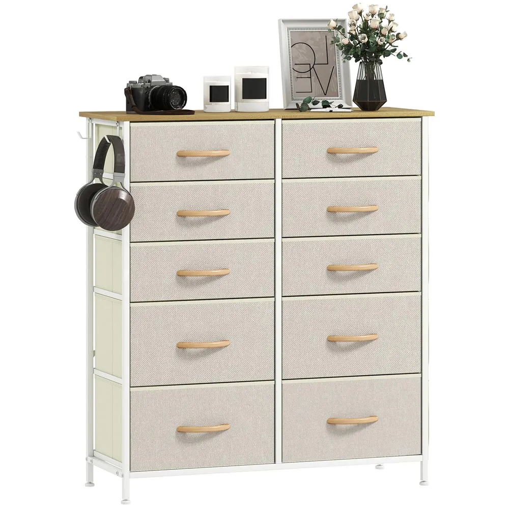 10-Drawer Chest of Drawers with Side Pockets - Beige, Fabric