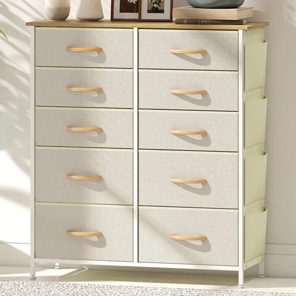 10-Drawer Chest of Drawers with Side Pockets - Beige, Fabric
