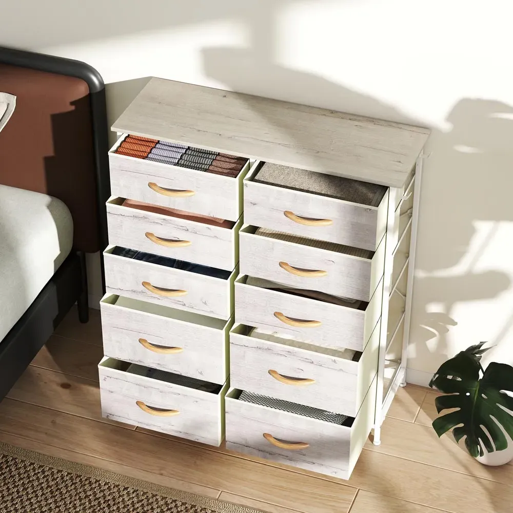 10 Drawer Chest of Drawers with Side Pockets - Brown, Fabric