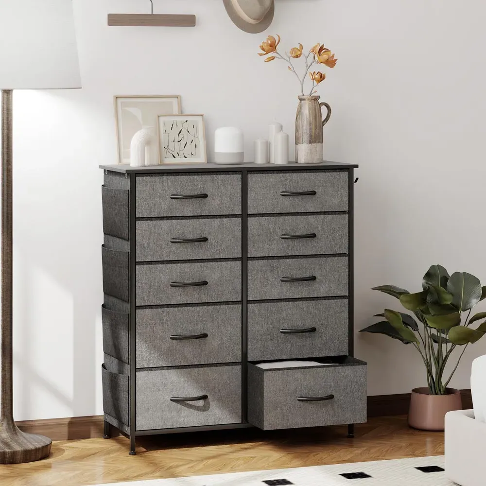 10 Drawer Chest of Drawers with Side Pockets - Grey, Fabric
