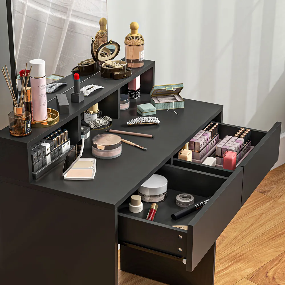 2 Drawer 3 Shelf Dressing Table with Mirror - Black