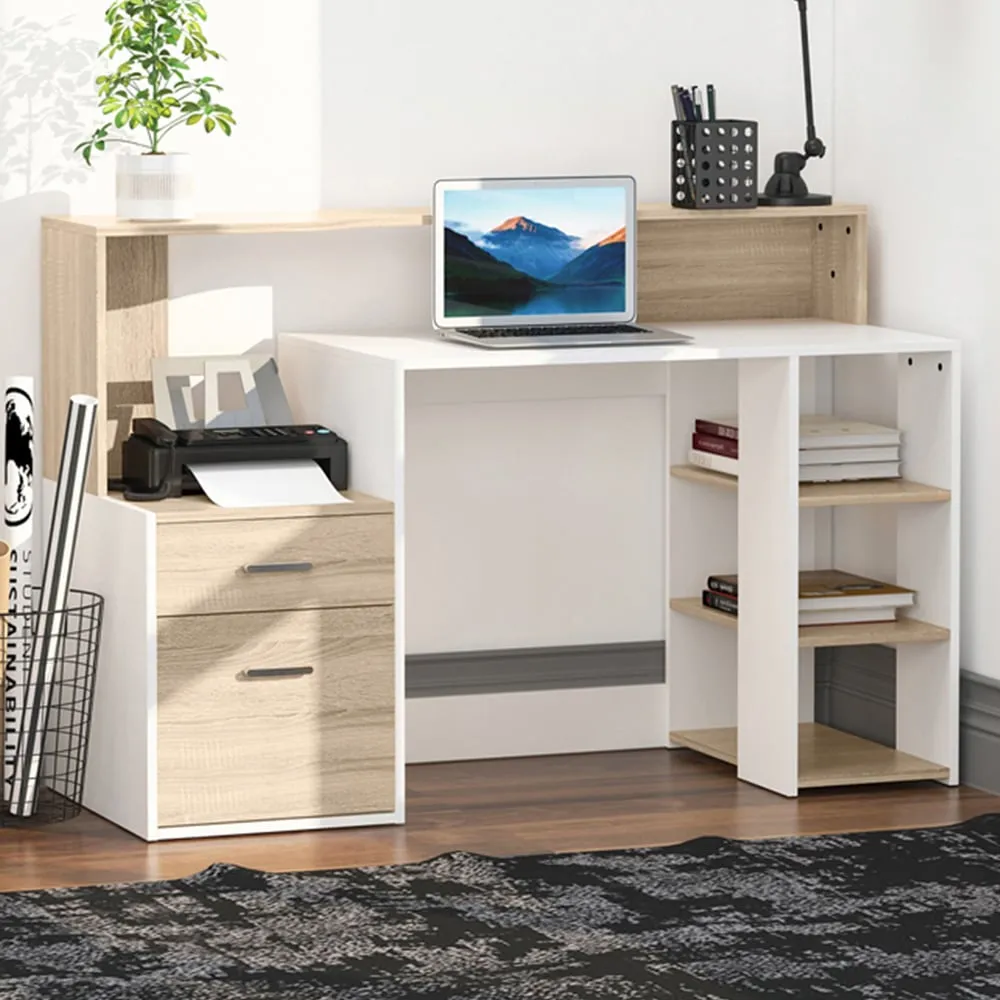 2 Drawer 3 Shelf Multi Storage Workstation Desk - White, Oak image