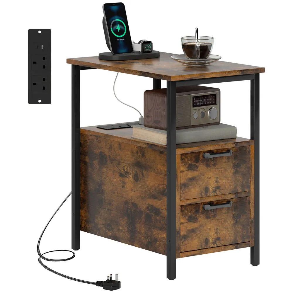 2 Drawer Bedside Table with Charging Station - Brown