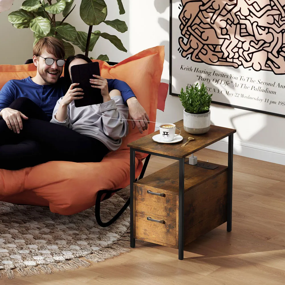 2 Drawer Bedside Table with Charging Station - Brown