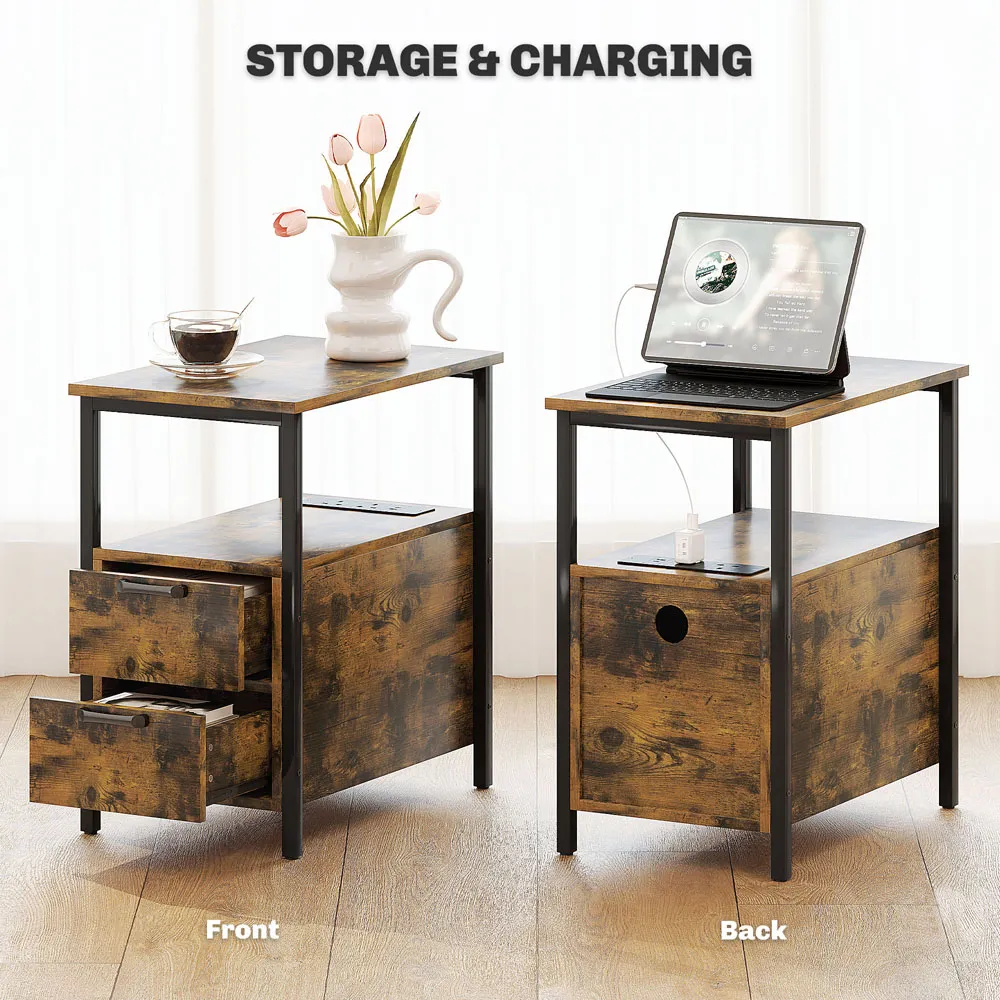 2 Drawer Bedside Table with Charging Station - Brown