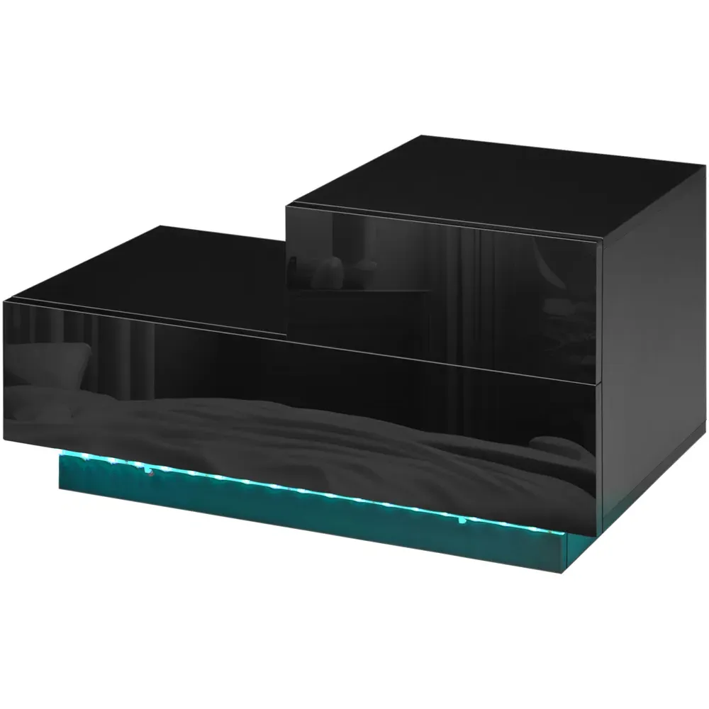 2 Drawer Bedside Table with LED - Black, High Gloss
