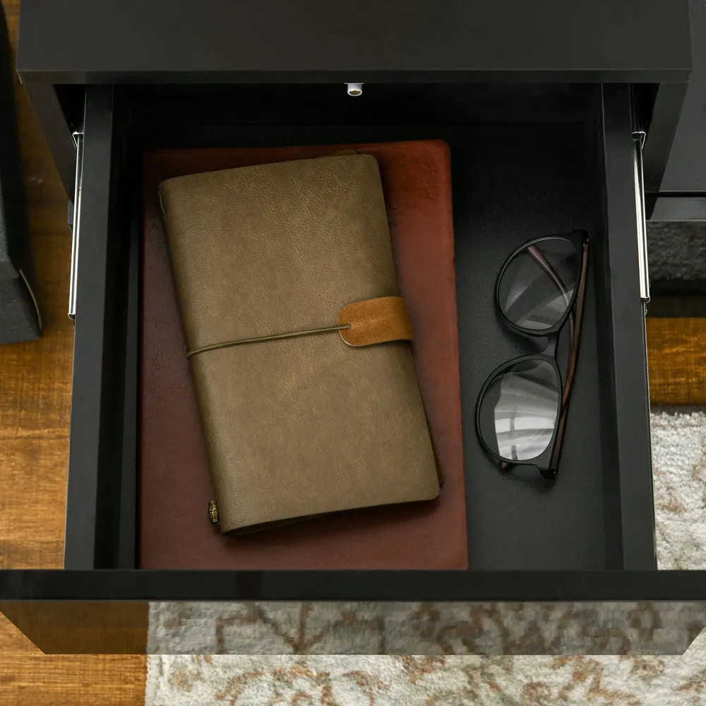 2 Drawer Bedside Table with LED - Black, High Gloss