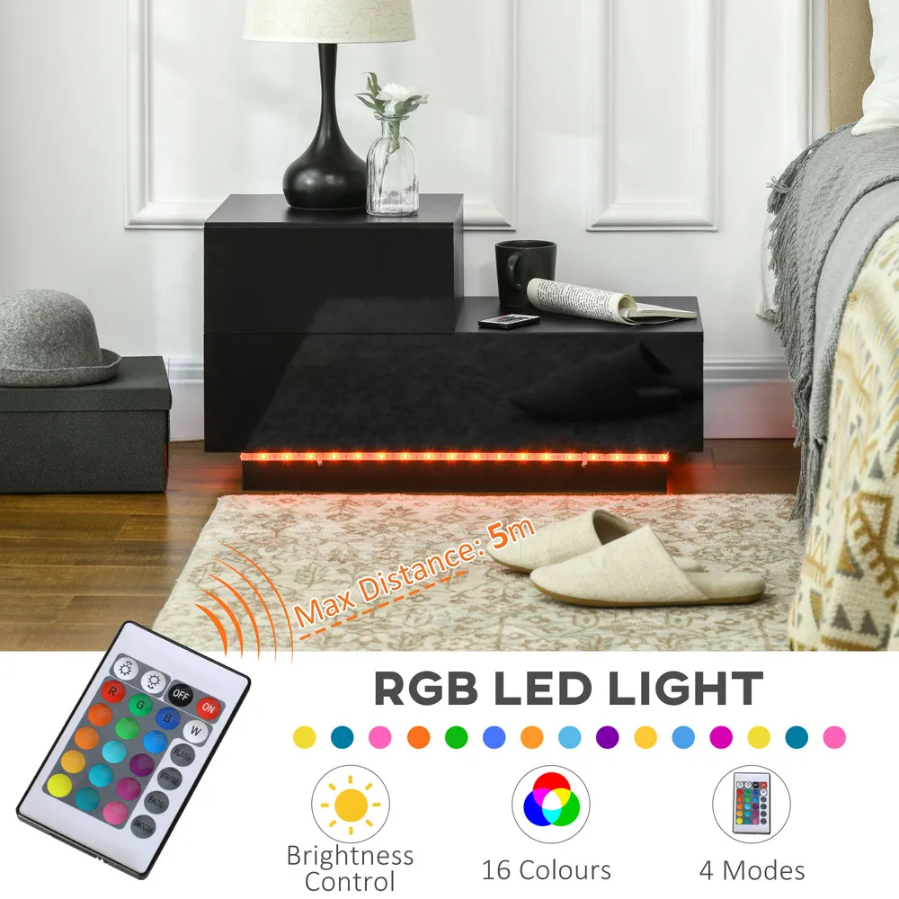 2 Drawer Bedside Table with LED - Black, High Gloss