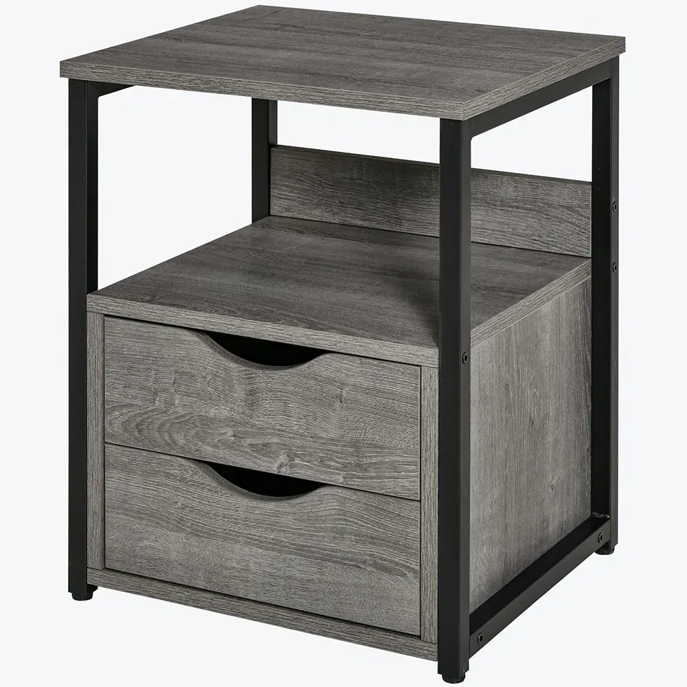 2 Drawer Bedside Table with Shelf - Grey