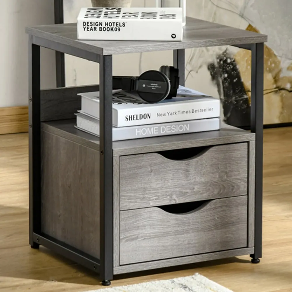 2 Drawer Bedside Table with Shelf - Grey image