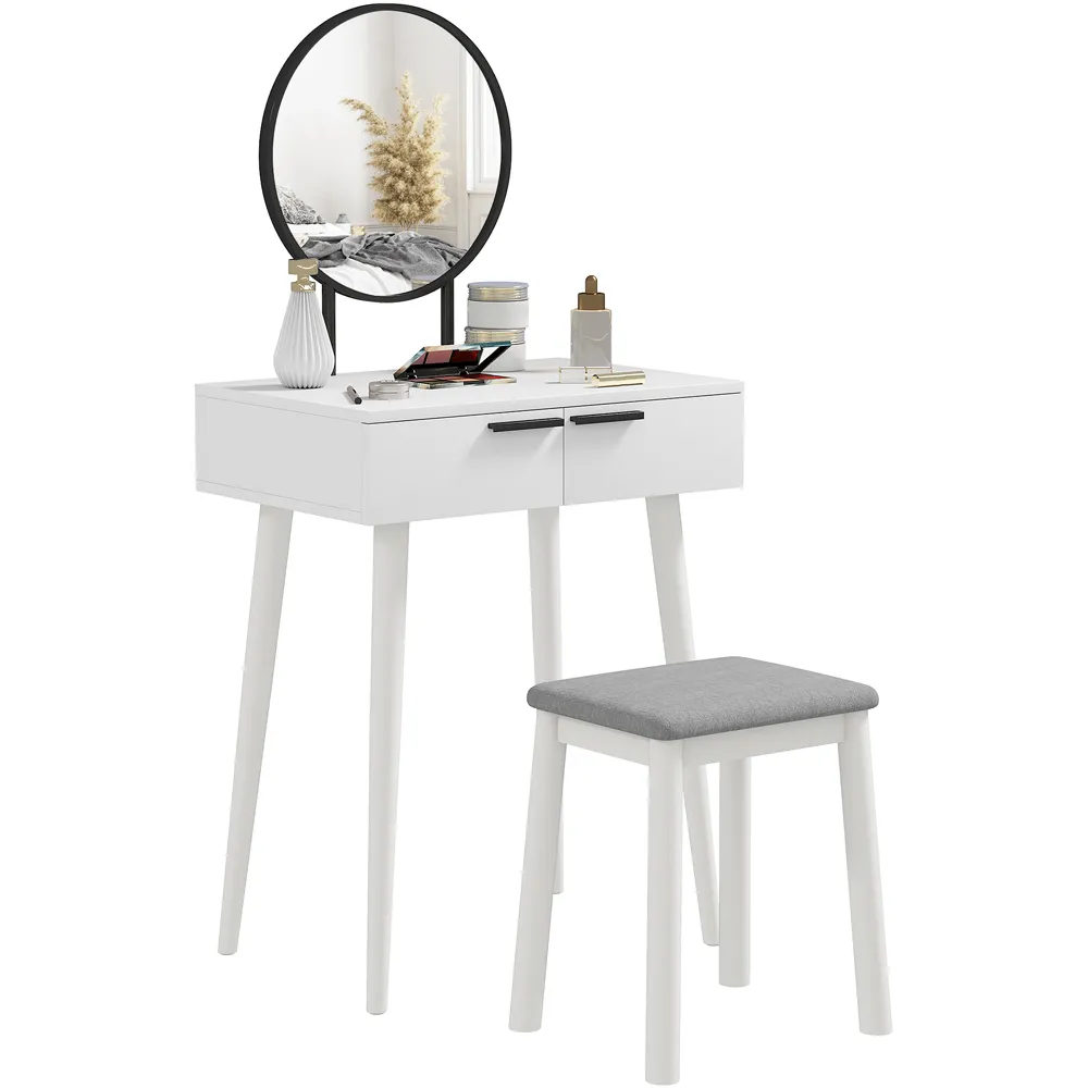 2 Drawer Dressing Table Set with Mirror and Stool - White