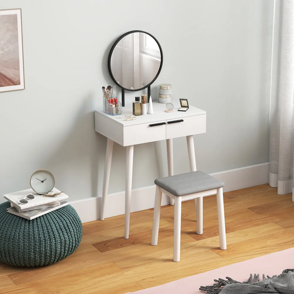 2 Drawer Dressing Table Set with Mirror and Stool - White