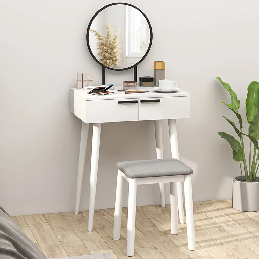 2 Drawer Dressing Table Set with Mirror and Stool - White image