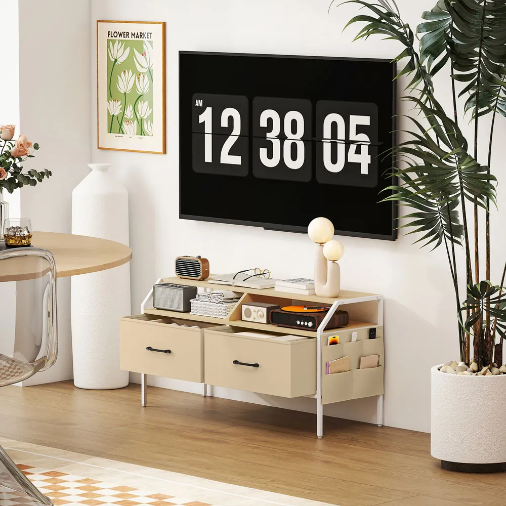 2 Drawer TV Unit with Storage - Natural Brown