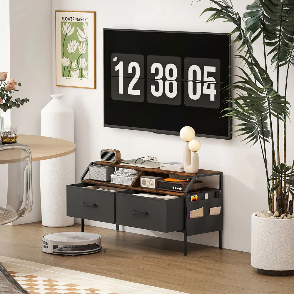 2 Drawer TV Unit with Storage - Rustic Brown