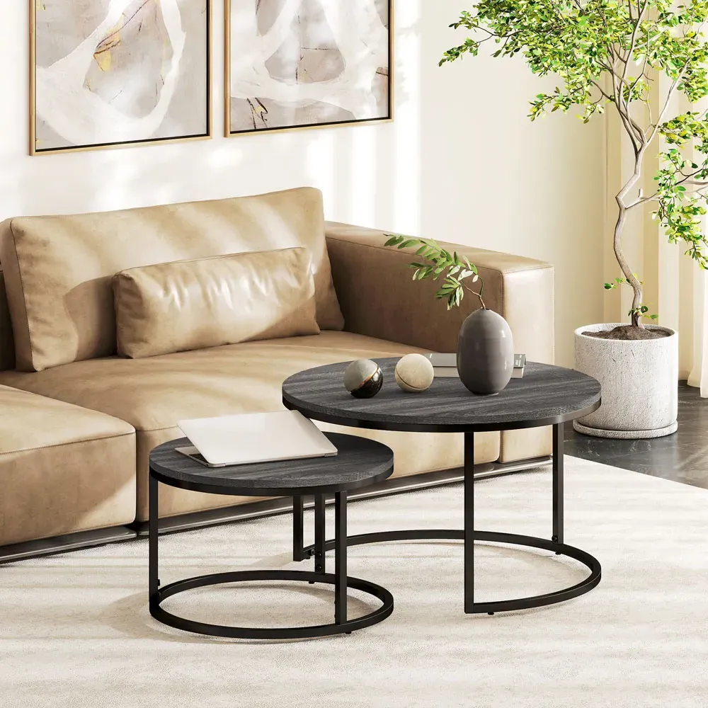 2 Piece Stackable Coffee Table Set - Black, Wood Effect