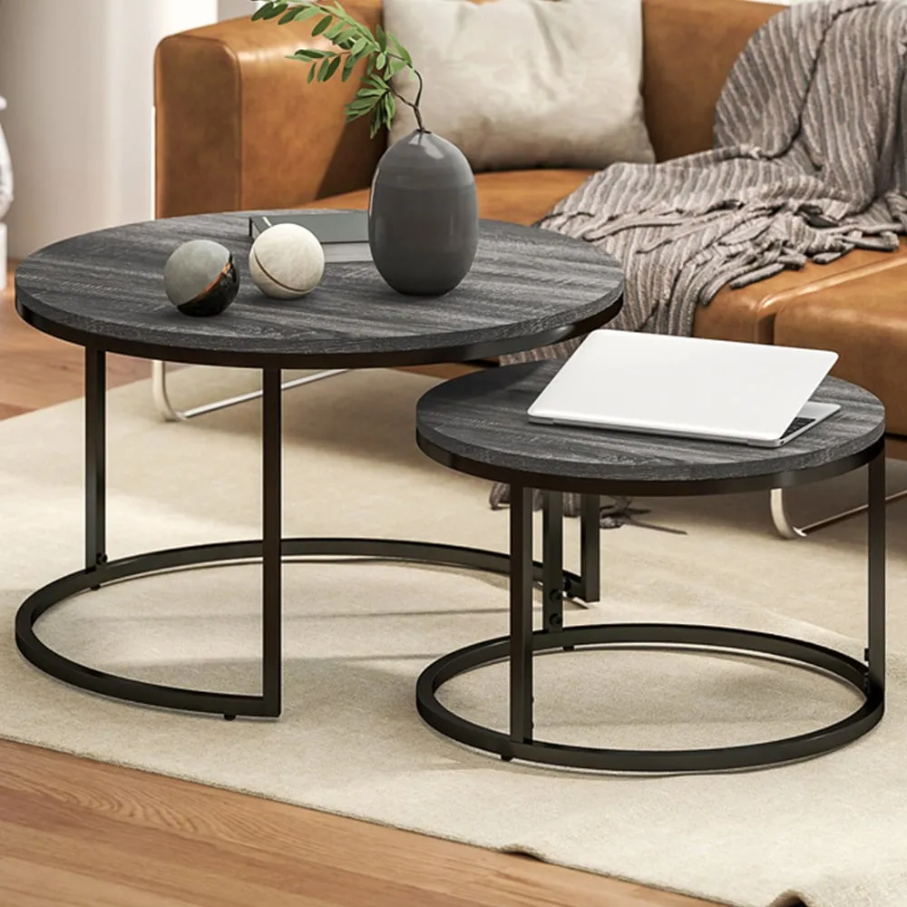2 Piece Stackable Coffee Table Set - Black, Wood Effect