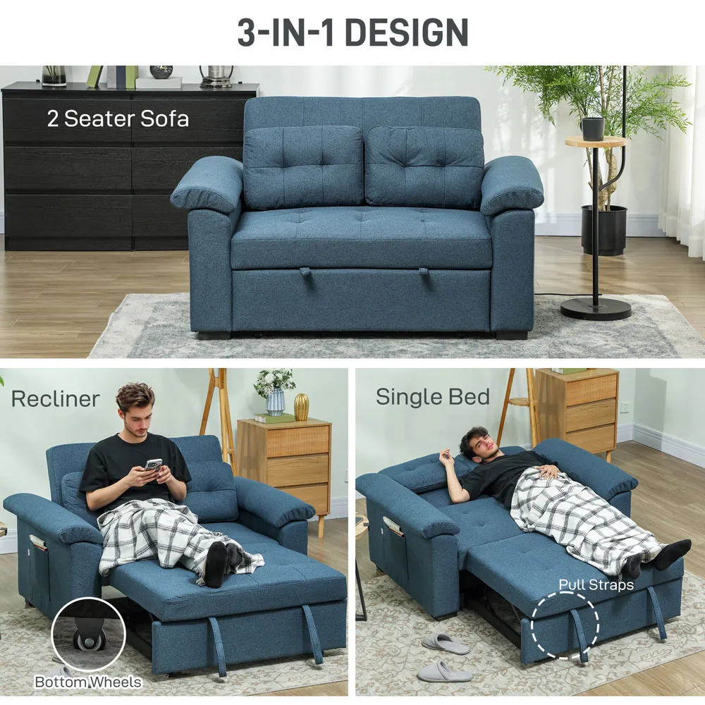 2-Seater Click Clack Sofa Bed with Wheels - Blue