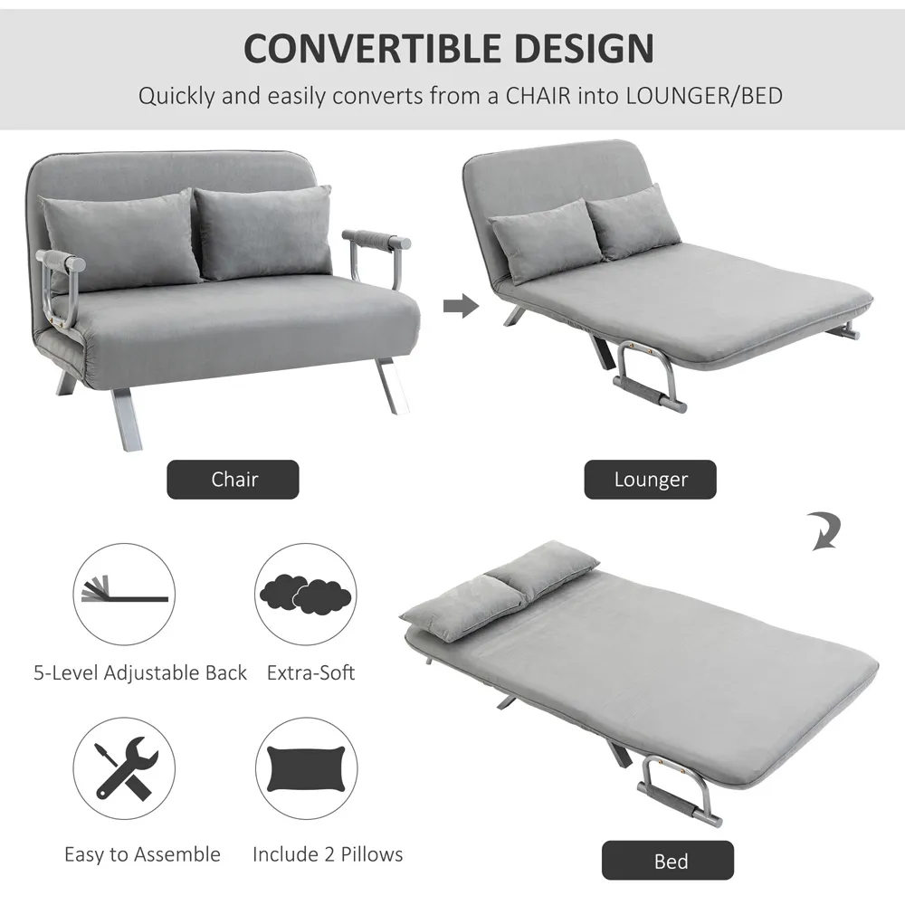 2-Seater Convertible Sofa Bed - Grey, Faux Suede