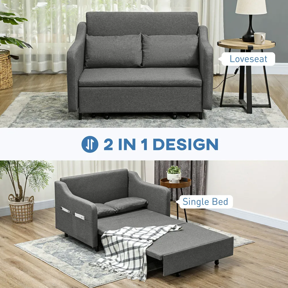 2-Seater Pull Out Sofa Bed with Pillows - Grey, Fabric