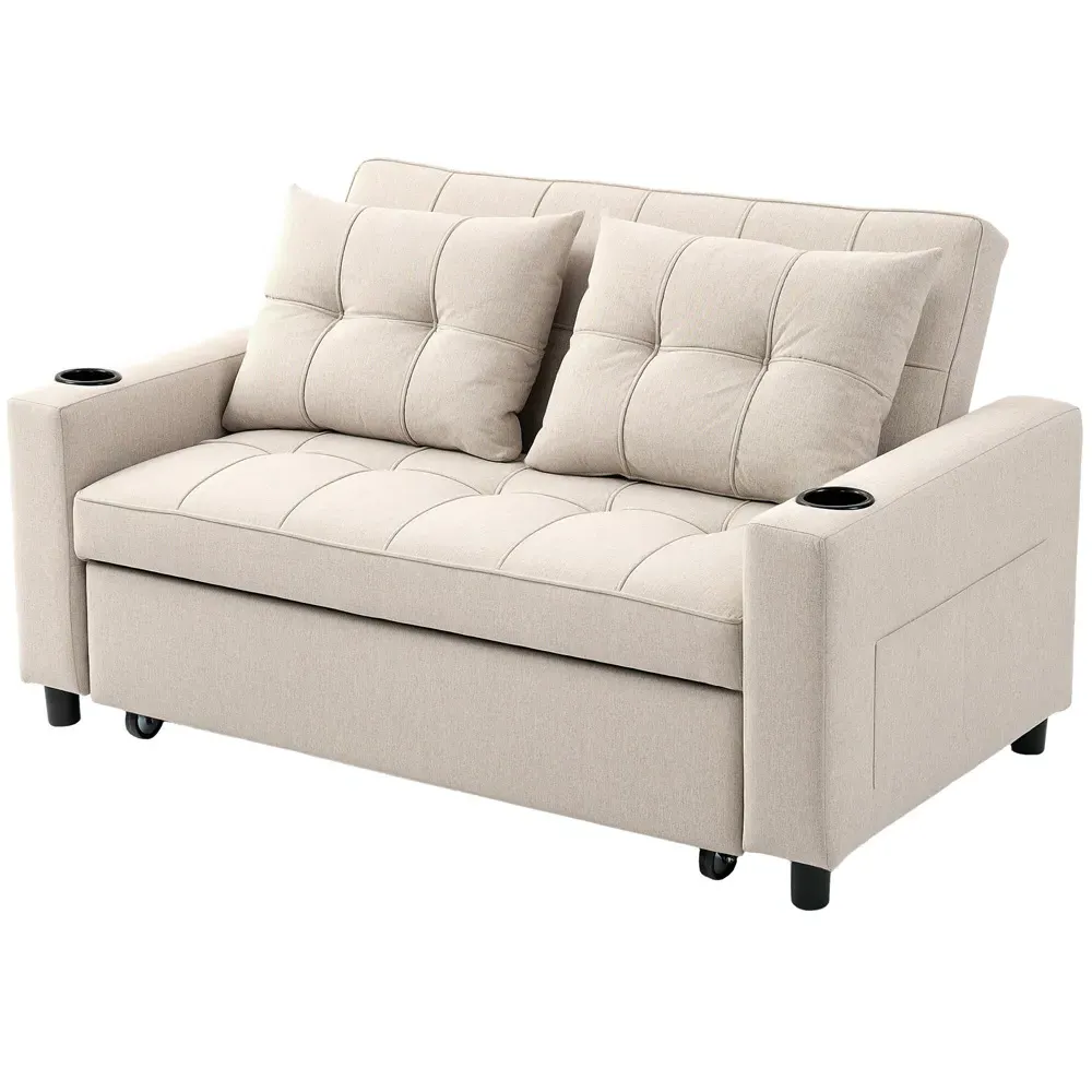 2-Seater Pull Out Sofa Bed with Pockets - Beige