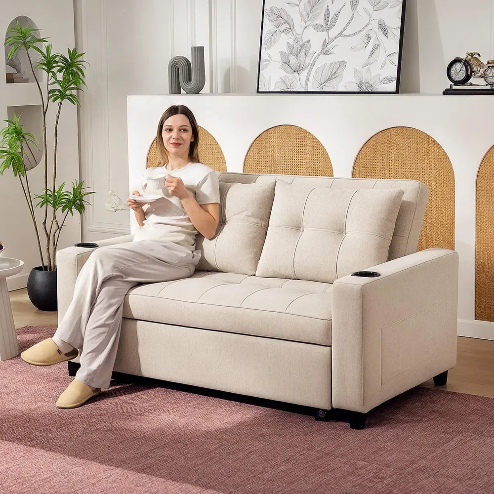 2-Seater Pull Out Sofa Bed with Pockets - Beige
