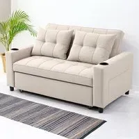 2-Seater Pull Out Sofa Bed with Pockets - Beige