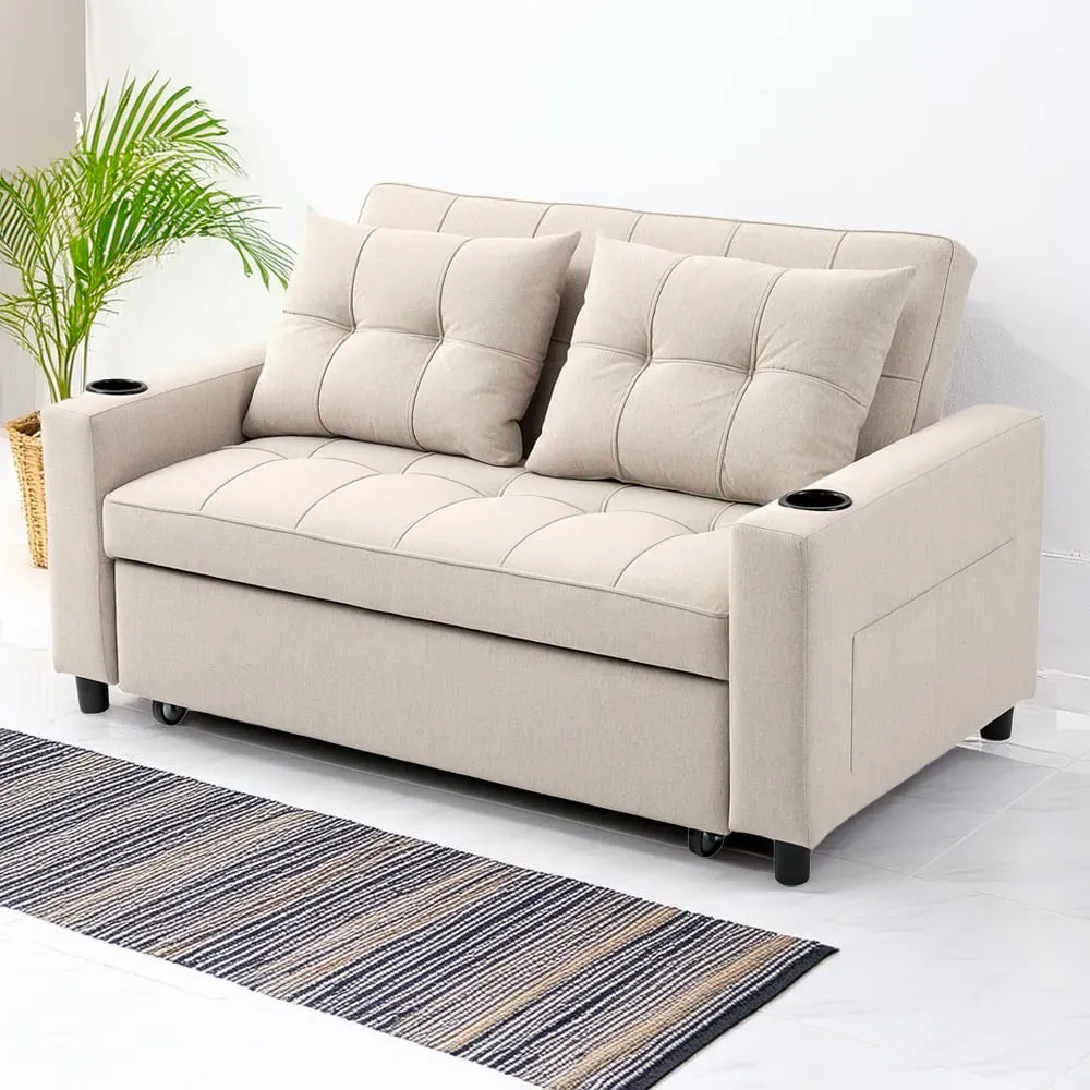 2-Seater Pull Out Sofa Bed with Pockets - Beige image