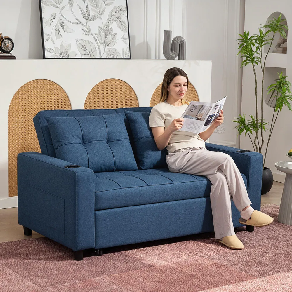 2-Seater Pull Out Sofa Bed with Storage - Blue