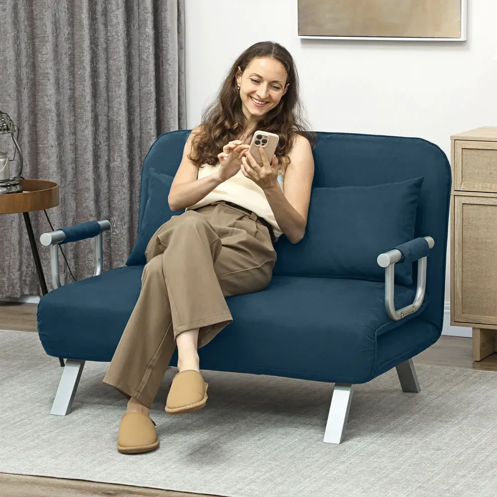 2-Seater Sofa Bed with Pillows - Blue, Fabric