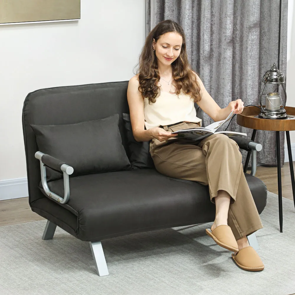 2-Seater Sofa Bed with Pillows - Grey, Fabric