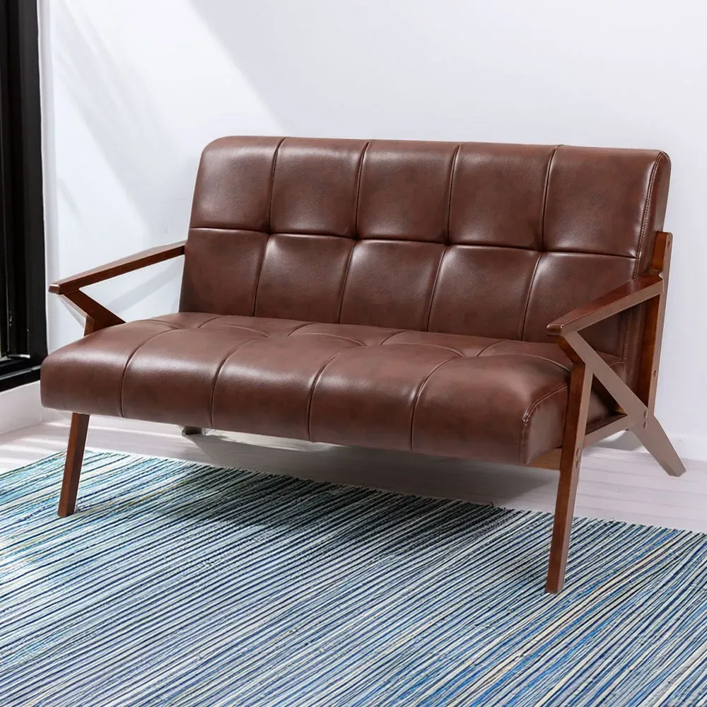 2-Seater Sofa with Button Tufting - Brown, PU Leather image