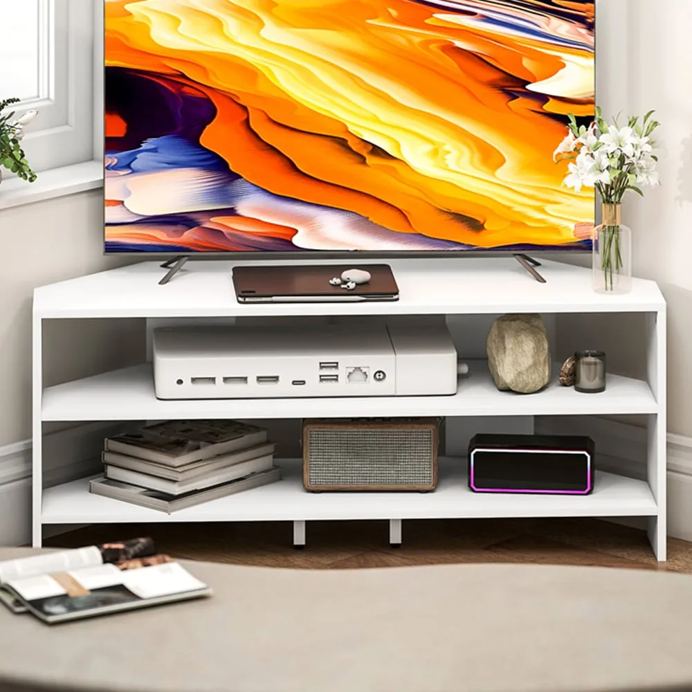 2 Shelf Corner TV Unit with Storage - White