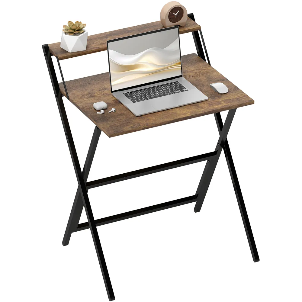 2 Shelf Foldable Computer Desk - Rustic Brown