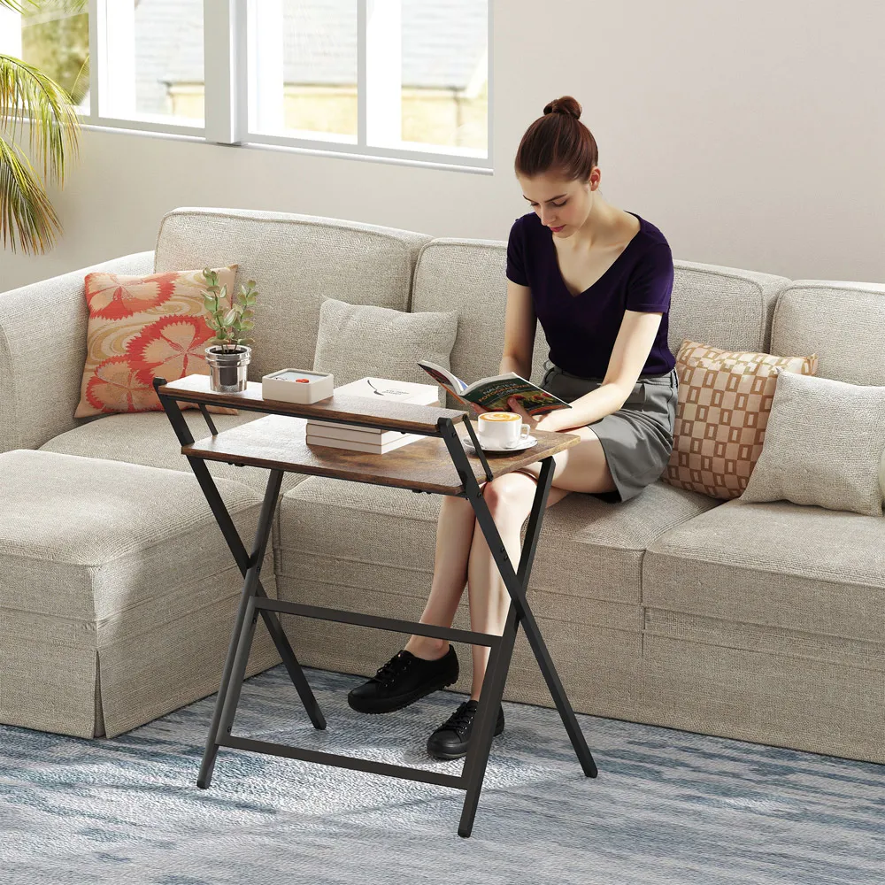 2 Shelf Foldable Computer Desk - Rustic Brown