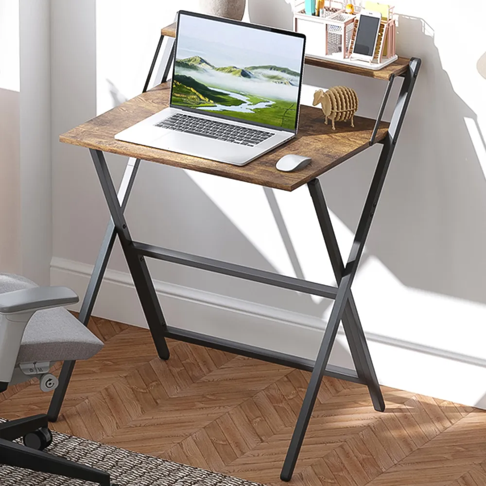 2 Shelf Foldable Computer Desk - Rustic Brown
