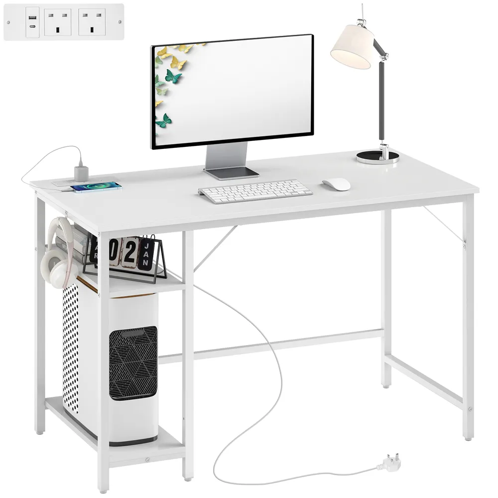 2 Shelf Reversible Computer Desk with Charging Station - White