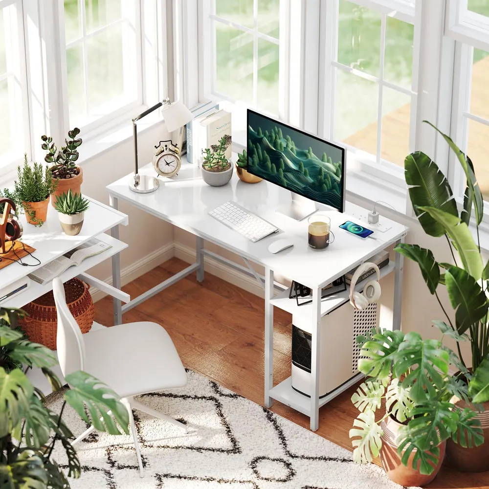 2 Shelf Reversible Computer Desk with Charging Station - White