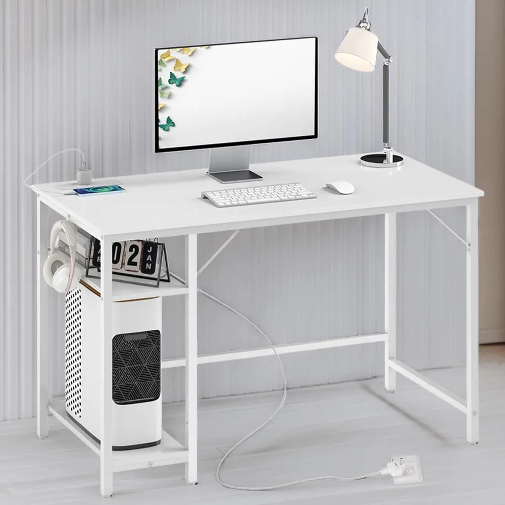 2 Shelf Reversible Computer Desk with Charging Station - White