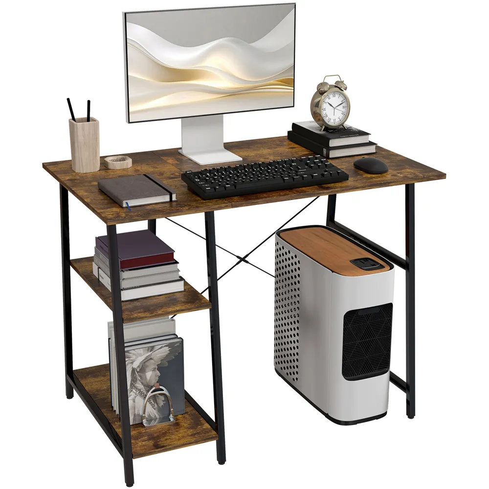 2 Shelf Steel Frame Computer Desk - Brown
