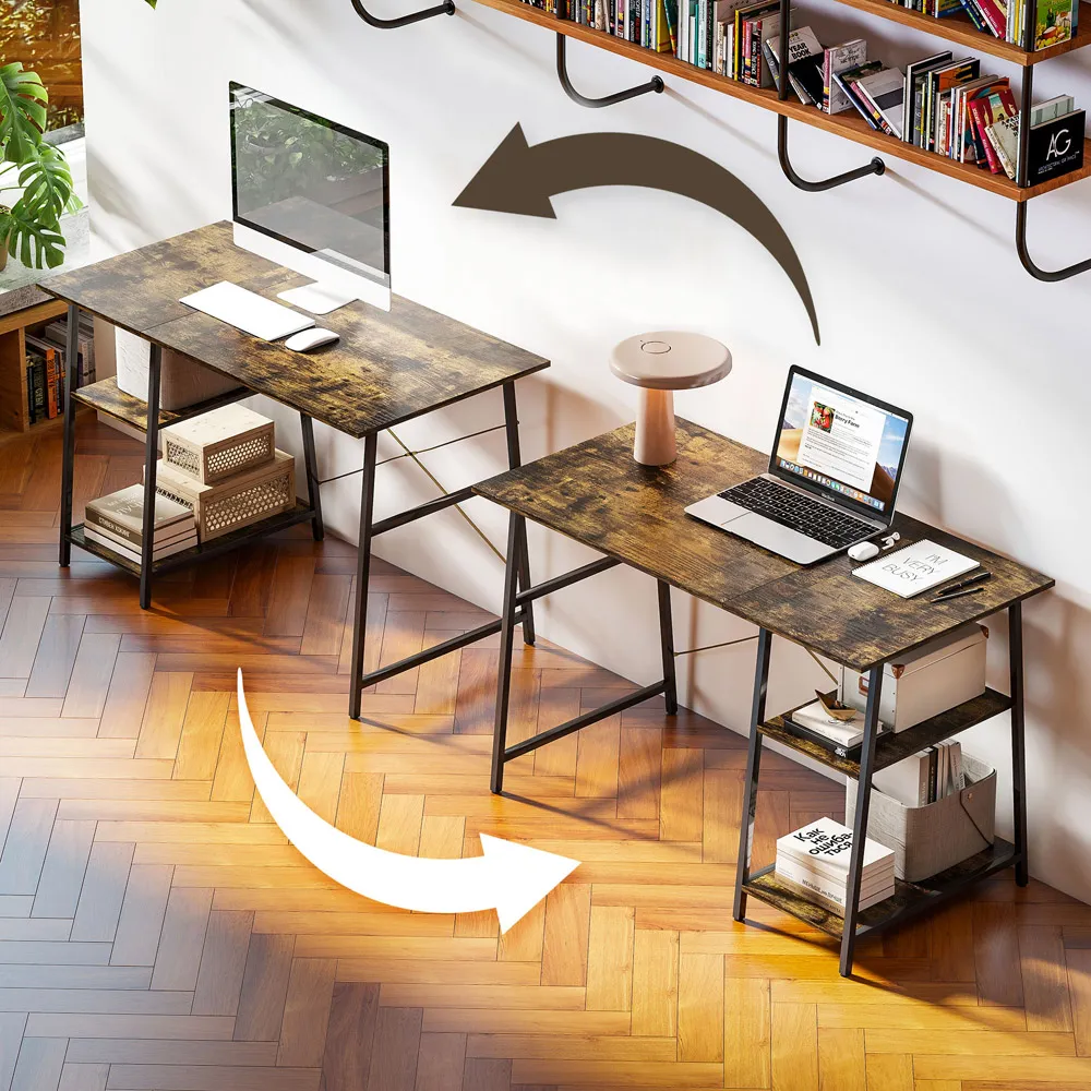 2 Shelf Steel Frame Computer Desk - Brown