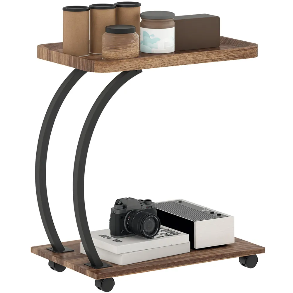 2-Tier C-Shaped Side Table with Wheels - Brown