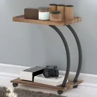 2-Tier C-Shaped Side Table with Wheels - Brown