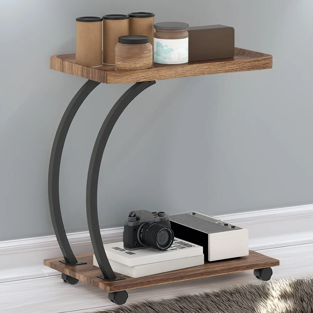 2-Tier C-Shaped Side Table with Wheels - Brown