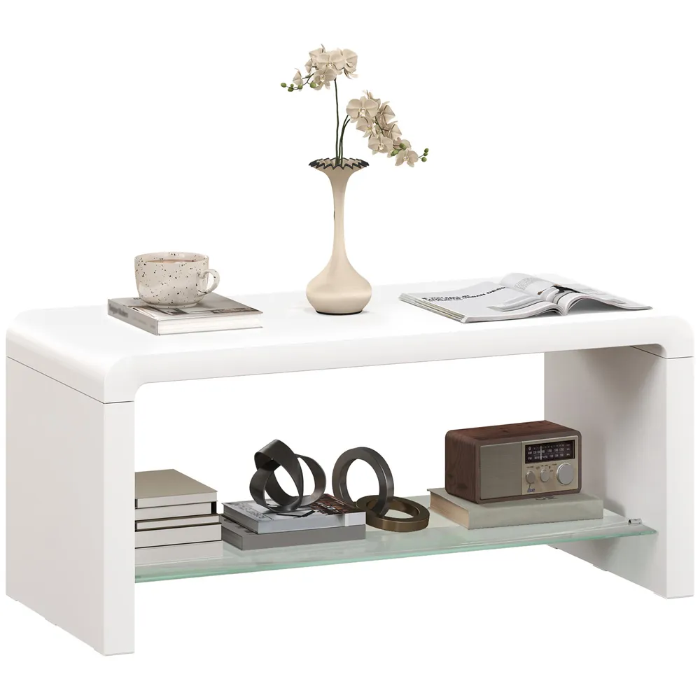 2-Tier Coffee Table with Storage - White, High Gloss