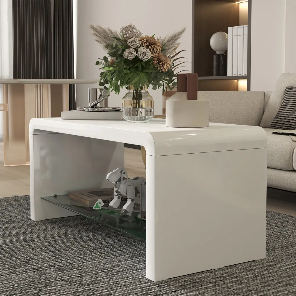2-Tier Coffee Table with Storage - White, High Gloss