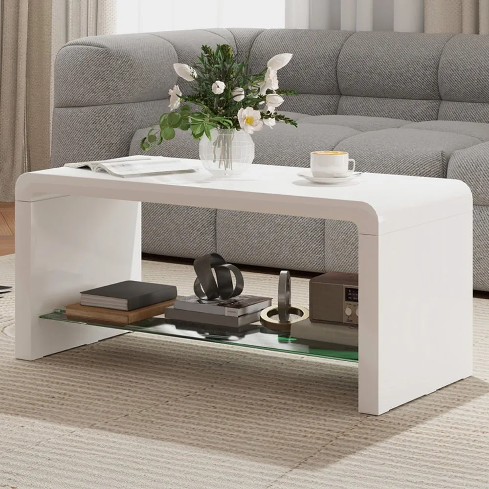 2-Tier Coffee Table with Storage - White, High Gloss image